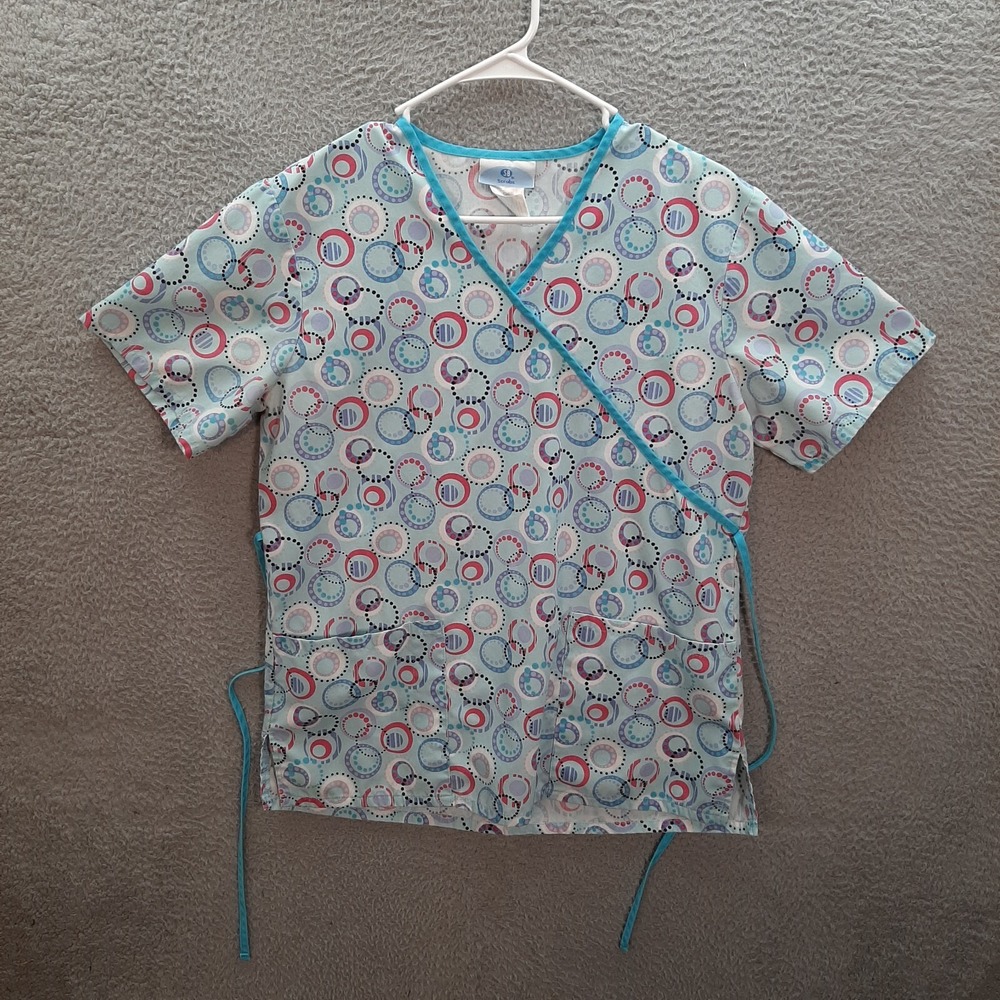 SB Scrubs Scrub Top Womens Small Blue Geometric Nurse Medical Dental Vet